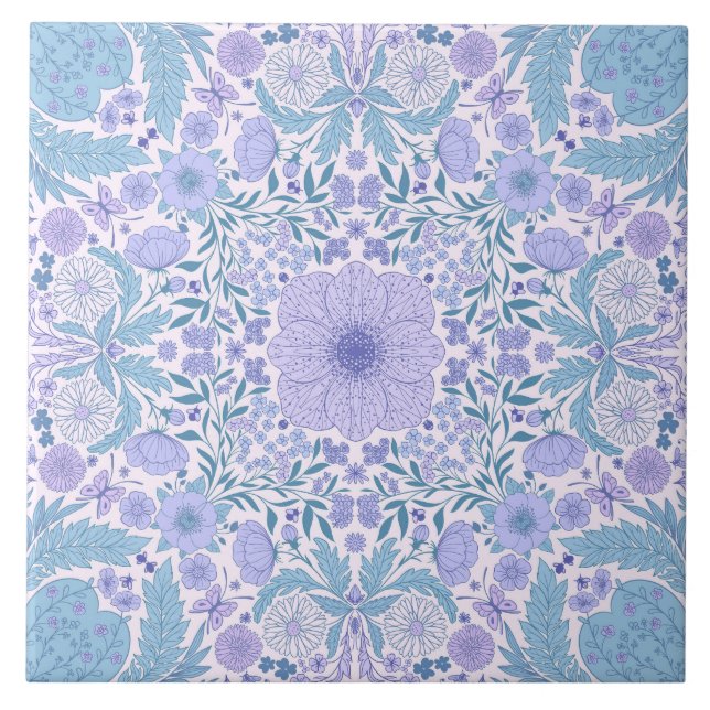 Retro garden florals in blue and violet tile (Front)