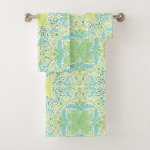 Retro garden florals in green and yellow bath towel set