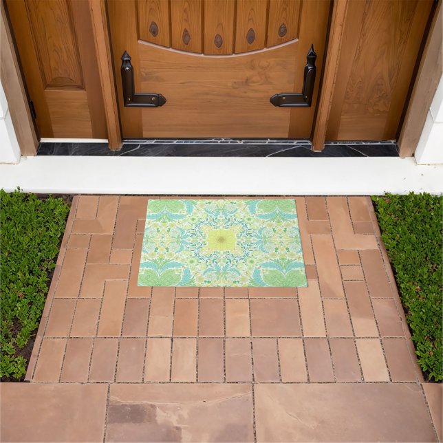 Retro garden florals in green and yellow doormat (Outdoor)