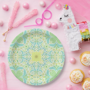 Retro garden florals in green and yellow paper plate