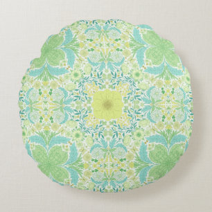 Retro garden florals in green and yellow round pillow