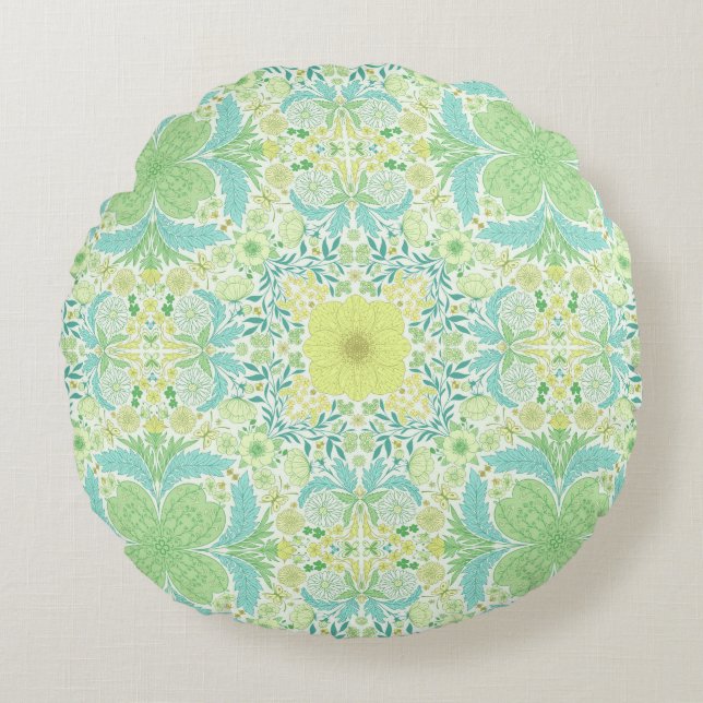 Retro garden florals in green and yellow round pillow (Front)