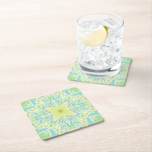 Retro garden florals in green and yellow square paper coaster (Insitu)