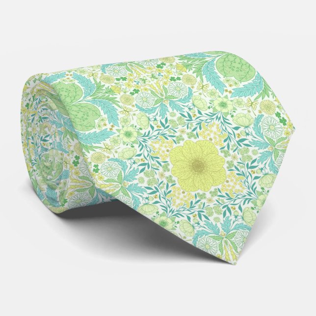 Retro garden florals in green and yellow tie (Rolled)
