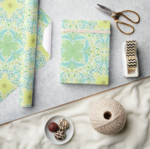Retro garden florals in green and yellow wrapping paper