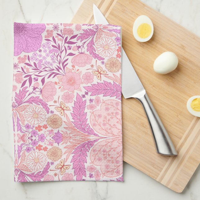 Retro garden florals  in pink kitchen towel (Quarter Fold)