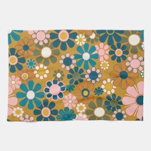 Retro Garden Flowers 60s 70s Floral Pattern Kitchen Towel
