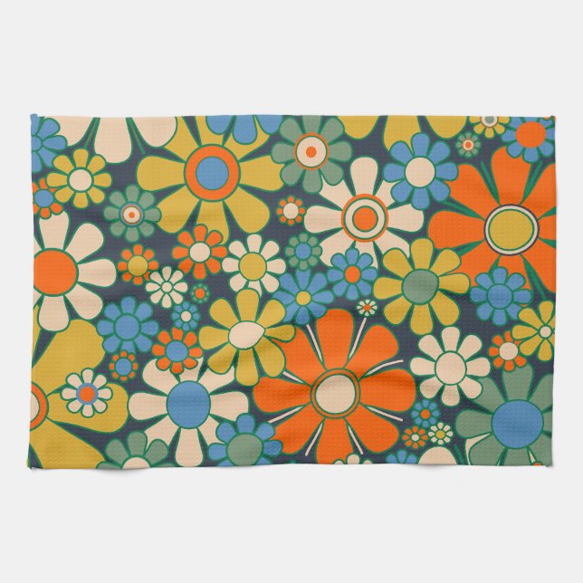 Retro Garden Flowers 60s 70s Floral Pattern Kitchen Towel (Horizontal)