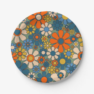 Retro Garden Flowers 60s 70s Floral Pattern Paper Plate