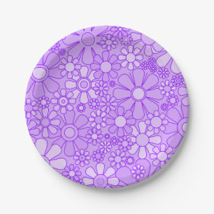 Retro Garden Flowers 60s 70s Floral Pattern Purple Paper Plate