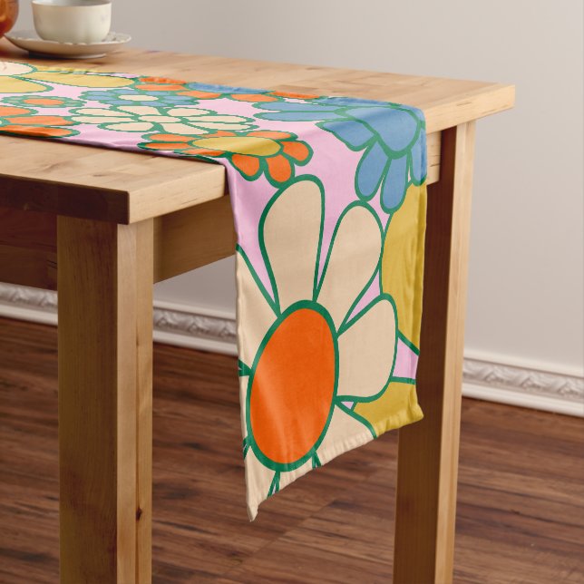 Retro Garden Flowers 60s 70s Floral Pattern Short Table Runner (In Situ)
