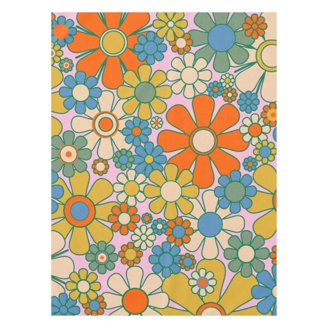 Retro Garden Flowers 60s 70s Floral Pattern Tablecloth (Front)