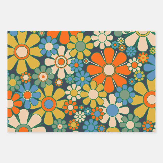 Retro Garden Flowers 60s 70s Floral Pattern Wrapping Paper Sheet (Front 2)