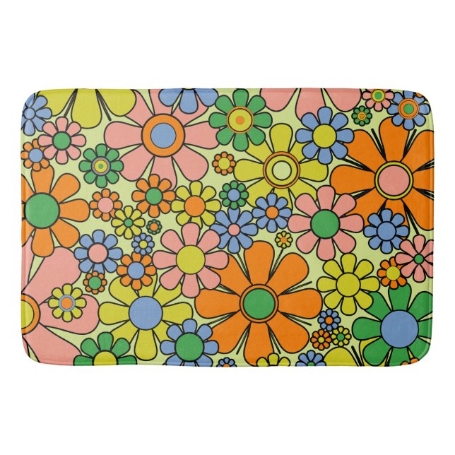 Retro Garden Flowers 60s 70s Spring Floral Pattern Bath Mat (Front)