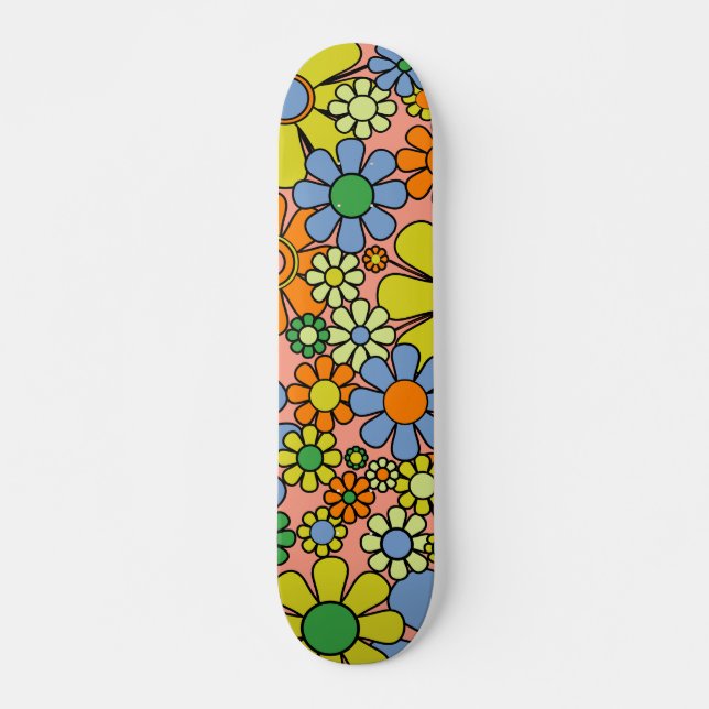 Retro Garden Flowers 60s 70s Spring Floral Pattern Skateboard (Front)