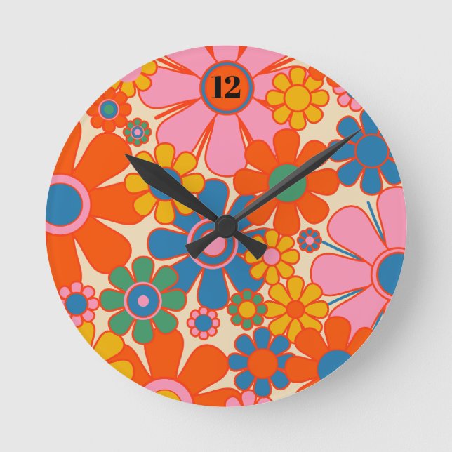 Retro Garden Flowers Colourful 60s 70s Floral Round Clock (Front)