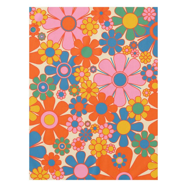 Retro Garden Flowers Colourful 60s 70s Floral Tablecloth (Front)
