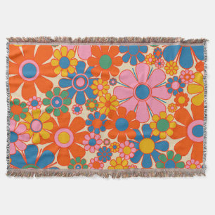 Retro Garden Flowers Colourful 60s 70s Floral Throw Blanket