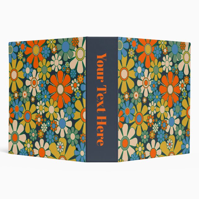 Retro Garden Flowers Floral Pattern Blue Orange Binder (Background)