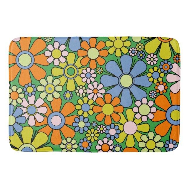 Retro Garden Flowers Groovy 60s 70s Colourful Bath Mat (Front)