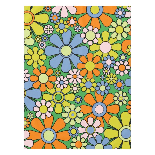 Retro Garden Flowers Groovy 60s 70s Colourful  Tablecloth (Front)