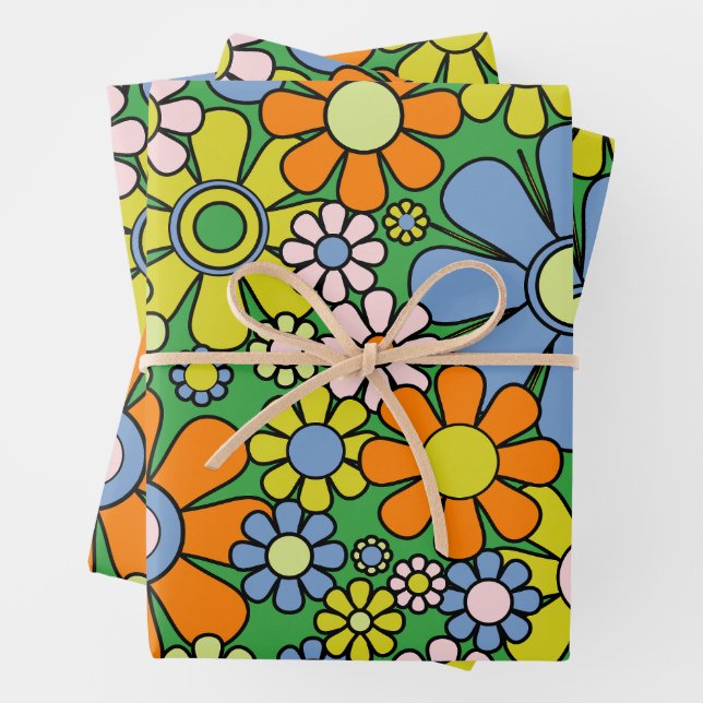Retro Garden Flowers Groovy 60s 70s Colourful  Wrapping Paper Sheet (In situ)