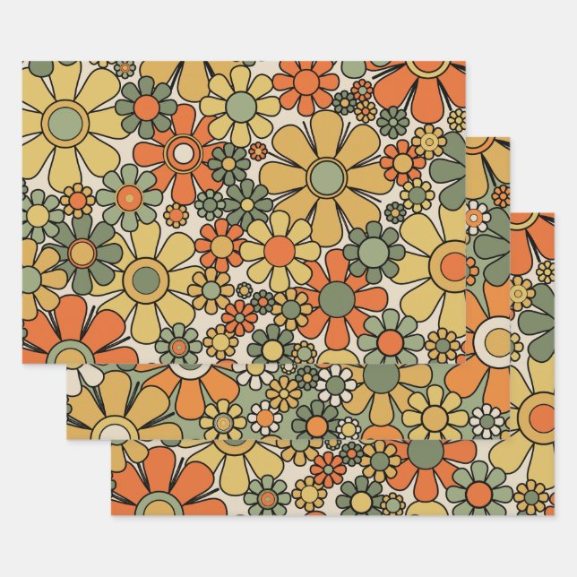 Retro Garden Flowers Groovy 60s 70s Floral Pattern Wrapping Paper Sheet (Set)