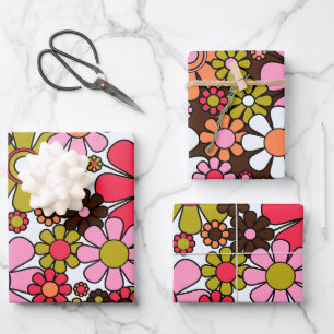 Retro Garden Flowers Groovy 60s 70s Floral Pattern Wrapping Paper Sheet
