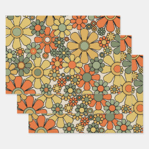 Retro Garden Flowers Groovy 60s 70s Floral Pattern Wrapping Paper Sheet