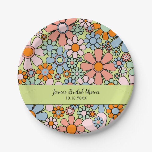 Retro Garden Flowers Groovy 60s 70s Personalized Paper Plate (Front)