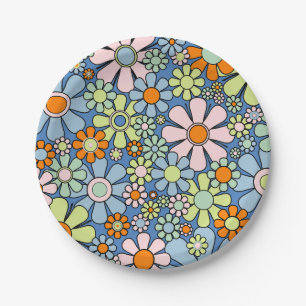 Retro Garden Flowers Groovy 60s 70s Spring Floral Paper Plate