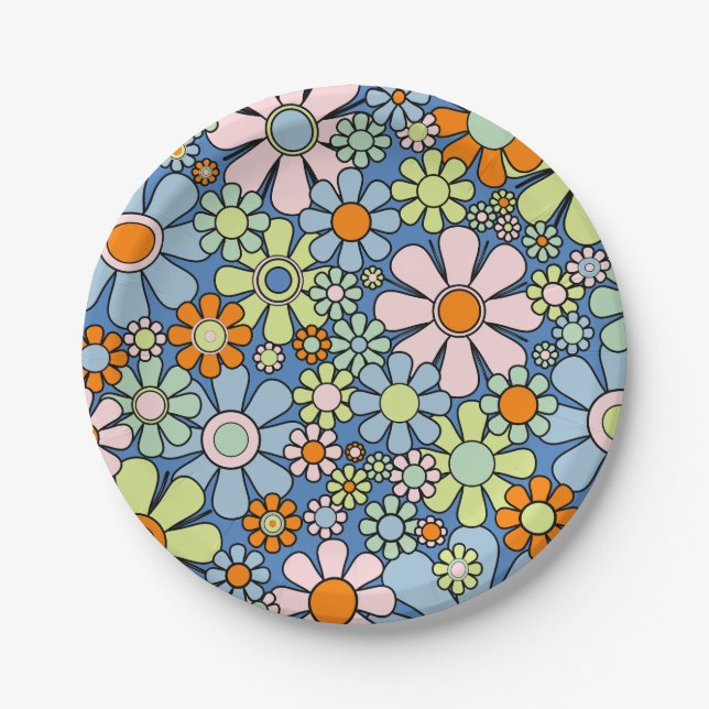 Retro Garden Flowers Groovy 60s 70s Spring Floral  Paper Plate (Front)