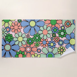 Retro Garden Flowers Groovy 60s 70s Spring Pastel Beach Towel