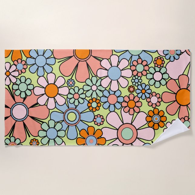 Retro Garden Flowers Groovy 60s 70s Spring Pastel Beach Towel (Front)