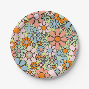 Retro Garden Flowers Groovy 60s 70s Spring Pastel  Paper Plate
