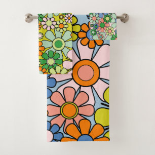 Retro Garden Flowers Groovy 60s 70s Spring Pattern Bath Towel Set