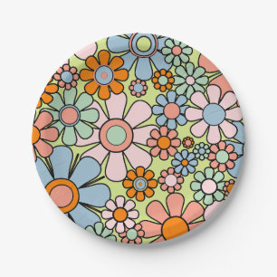 Retro Garden Flowers Groovy 60s 70s Spring Pattern Paper Plate