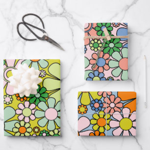 Retro Garden Flowers Groovy 60s 70s Spring Pattern Wrapping Paper Sheet
