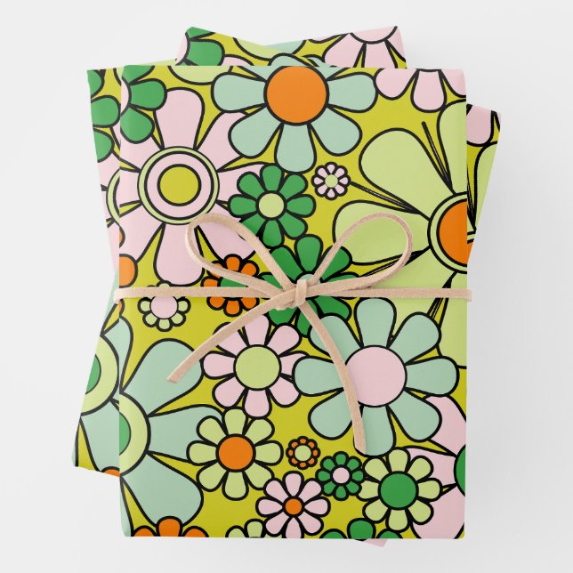 Retro Garden Flowers Groovy 60s 70s Spring Pattern Wrapping Paper Sheet (In situ)