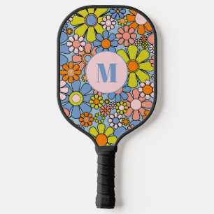 Retro Garden Flowers Groovy 60s Floral Initial Pickleball Paddle