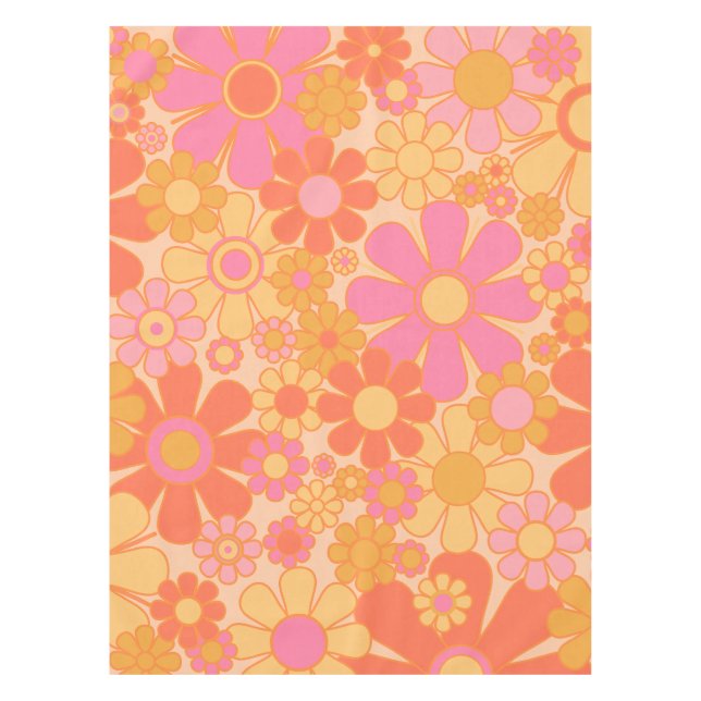 Retro Garden Flowers Groovy Floral Pink Yellow  Tablecloth (Front)