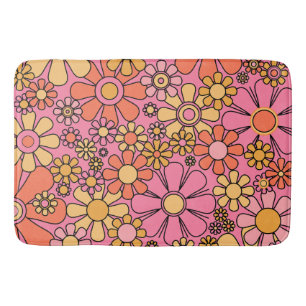 Retro Garden Flowers Groovy Pink 60s 70s Floral  Bath Mat