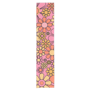 Retro Garden Flowers Groovy Pink 60s 70s Floral Short Table Runner