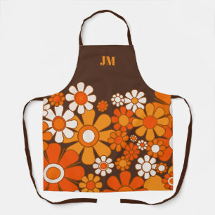 Retro Garden Flowers Vintage 70s Brown and Orange Apron