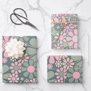 Retro Garden Gingham Flowers Floral Pattern Wrapping Paper Sheet