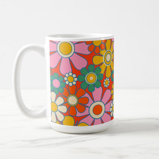 Retro Garden Groovy 60s 70s Floral Pattern Coffee Mug (Left)