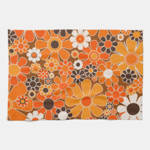 Retro Garden Groovy Floral 60s 70s Orange Pattern Kitchen Towel