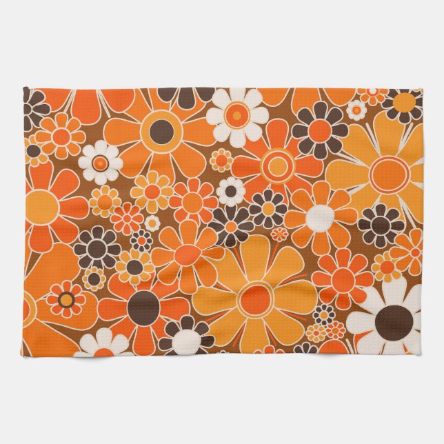 Retro Garden Groovy Floral 60s 70s Orange Pattern Kitchen Towel (Horizontal)