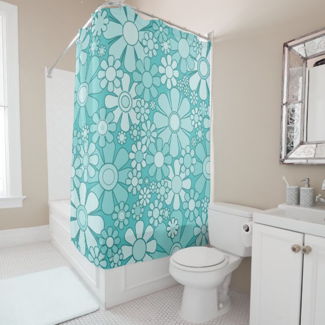 Retro Garden Groovy Floral 60s 70s Pattern Aqua (In Situ)