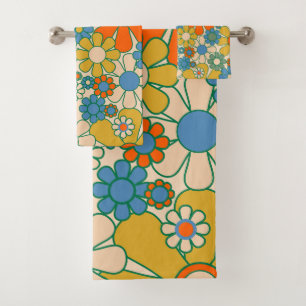 Retro Garden Groovy Floral 60s 70s Pattern  Bath Towel Set